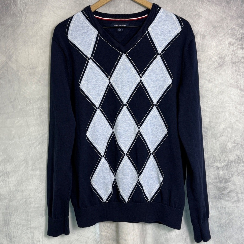 Tommy Hilfiger Sweater Mens XL Navy Blue Argyle Preppy Heritage V-Neck academia